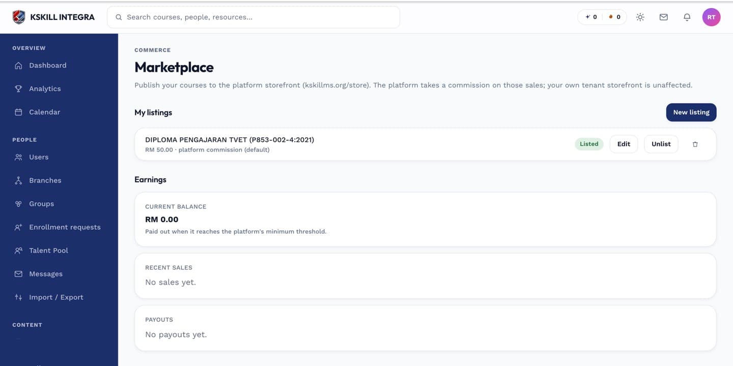 The marketplace admin console