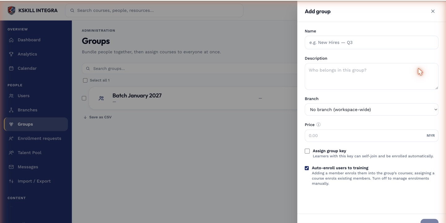 New group drawer with name, description, owner and auto-enrol fields