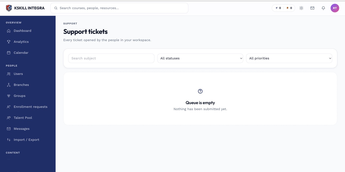 Support queue showing tickets and live chat conversations together