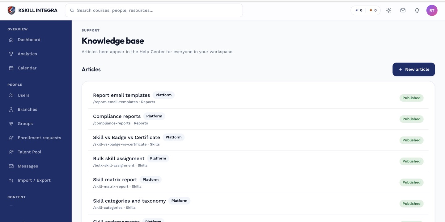 Tenant Knowledge Base admin screen listing articles