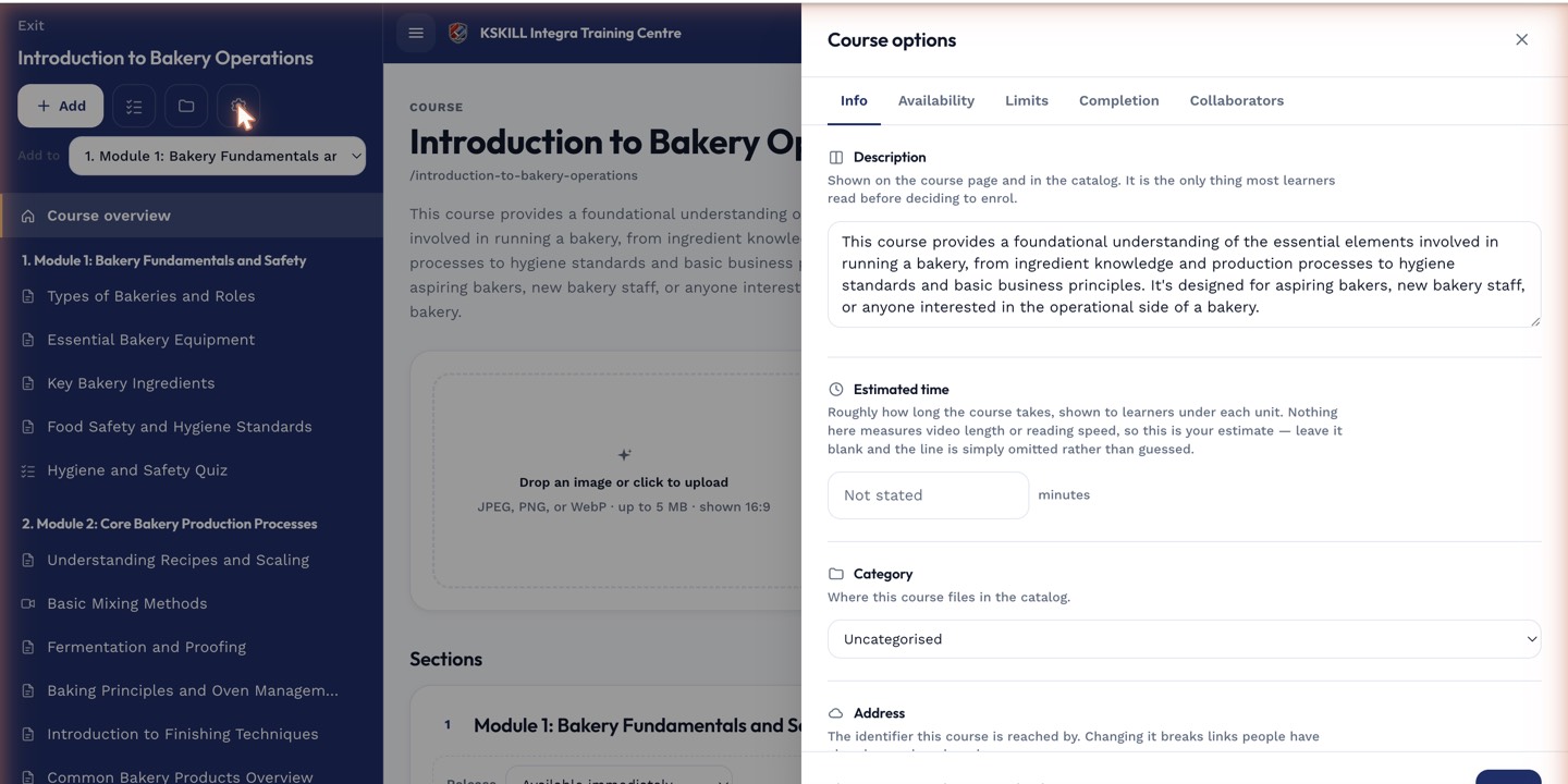 Course options drawer with visibility, pricing and completion settings
