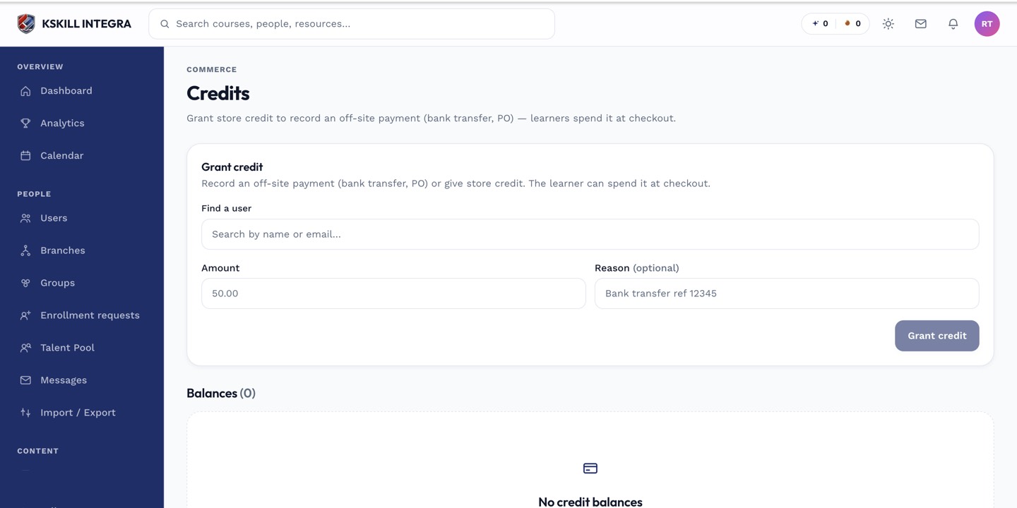 AI Credits page showing balance and history