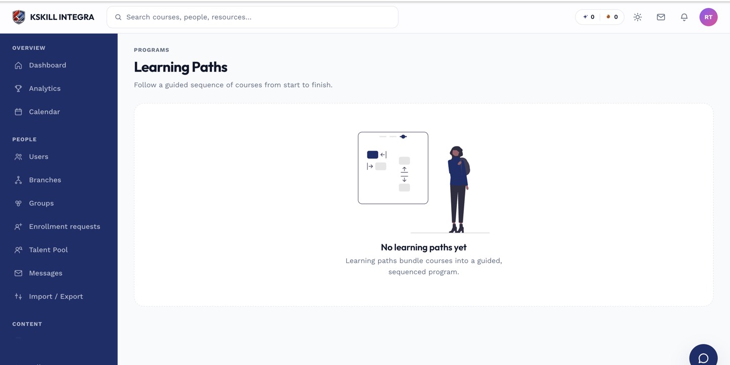 Learner-facing learning paths view with progress indicators per course