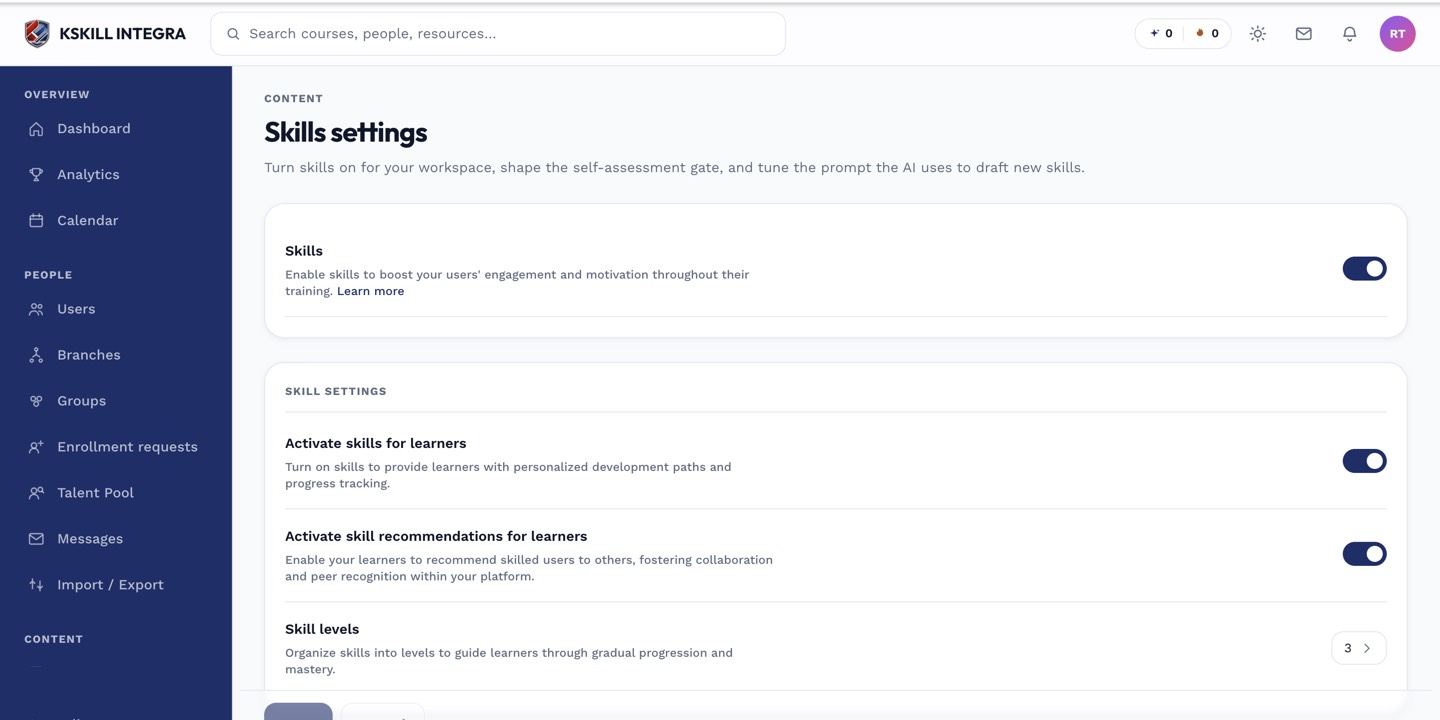 Skills settings page showing the default level scheme