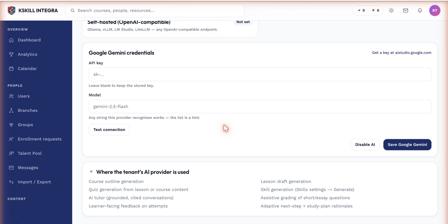 AI provider credential form with a 'where used' list