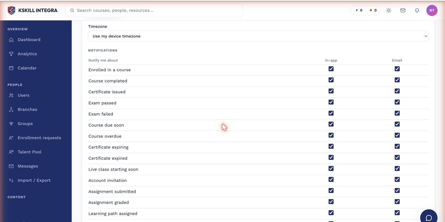 Notification preferences screen listing events and channel toggles